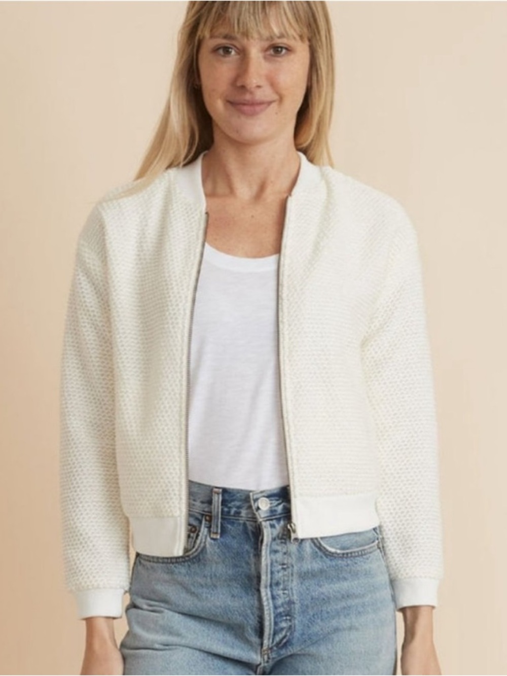 MARINE LAYER Bird's Eye Bomber Jacket Cream Fill Zip Womens Size XL